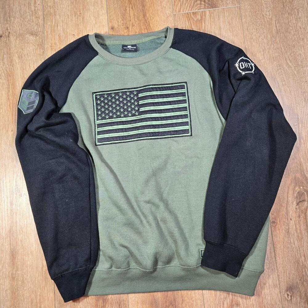 OHT Military Sweater Mens L Green Black USA Flag Veteran Army Embroidered